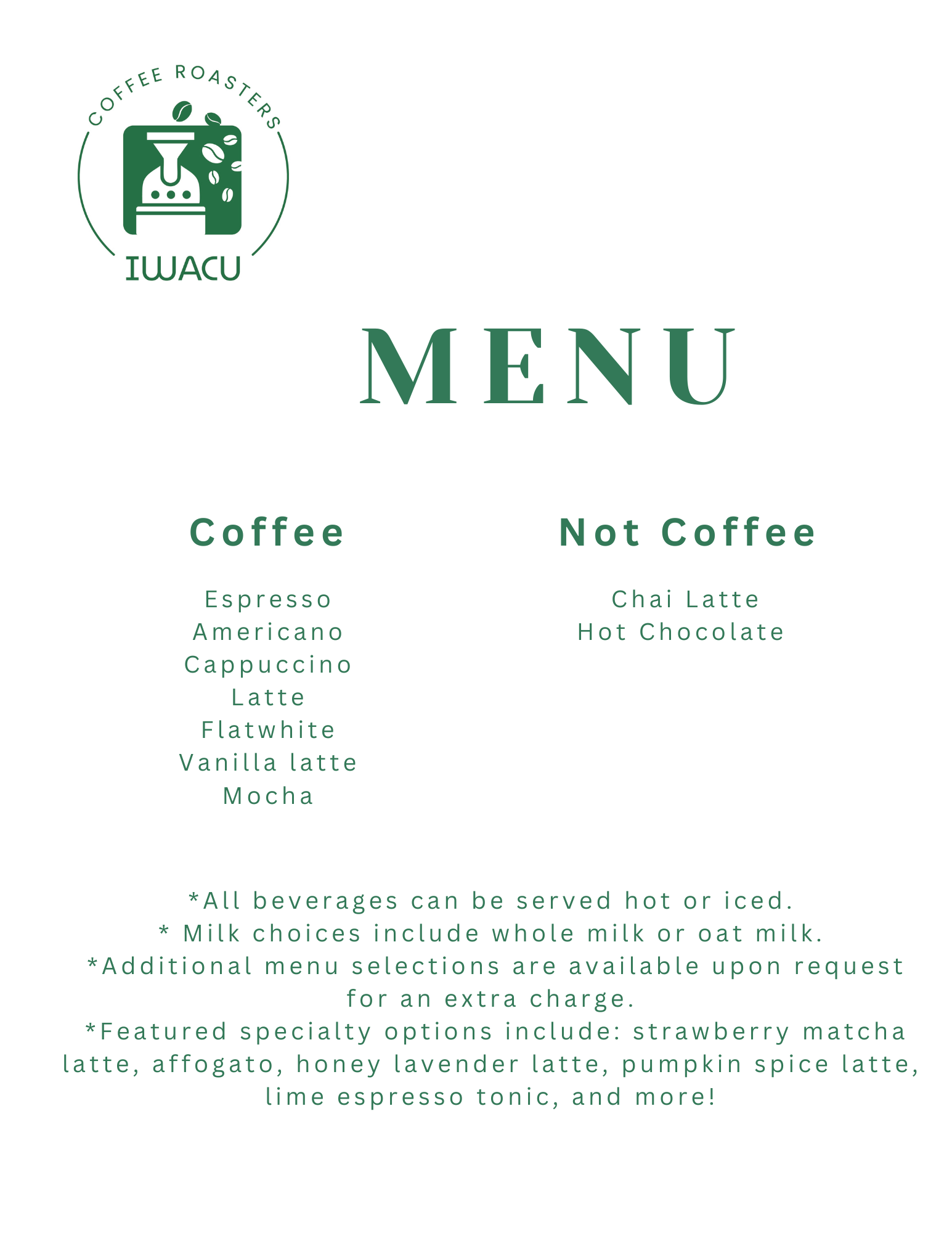 Iwacu Coffee Roasters menu