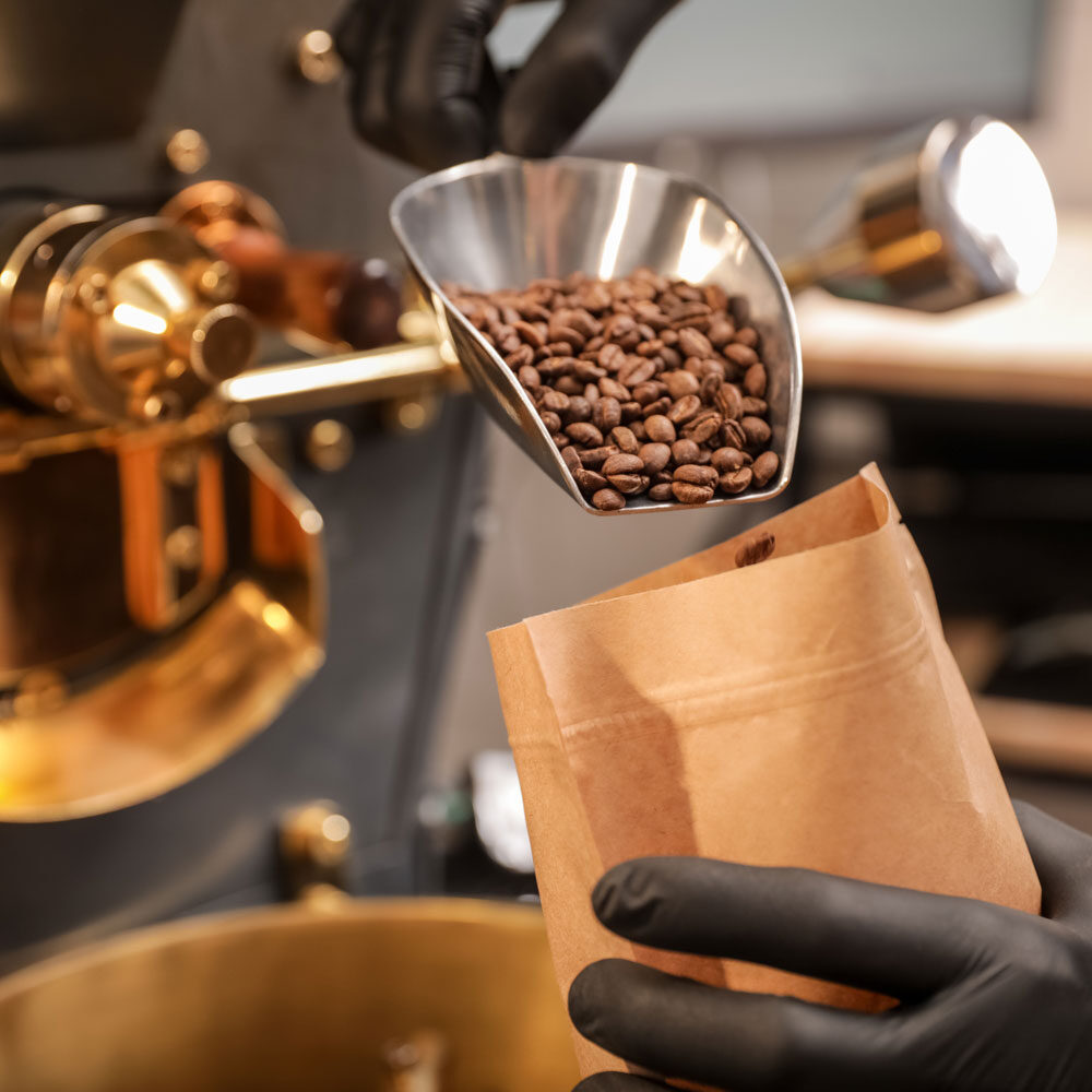 bagging freshly roasted coffee